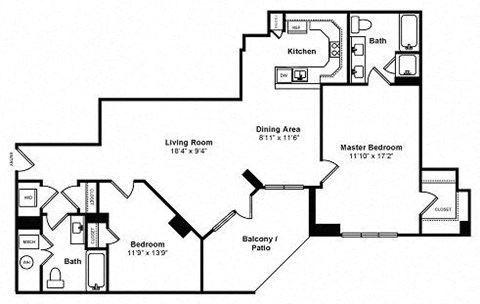 Floor plan for 2 beds, 2 baths, 1158 sqft